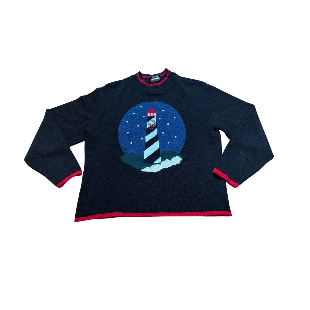 Southern Lady Sweater Women Black Lighthouse Vintage Nautical Graphic‎ SIZE L